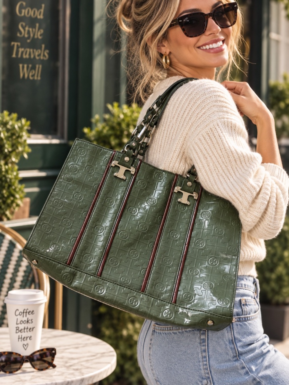 Tory Burch Olive Patent Leather Tote Embossed Logo Work Laptop Bag Designer Chic